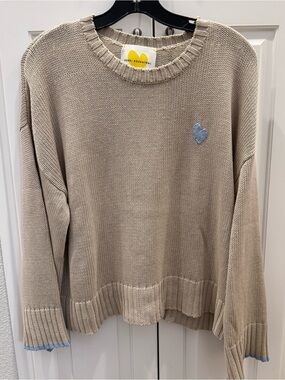 Kerri Rosenthal Beige Crewneck Sweater with Blue Heart Accent